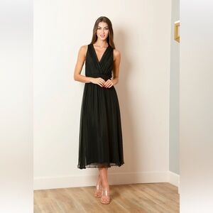 Queenia Black Silk V-Neck Midi Dress